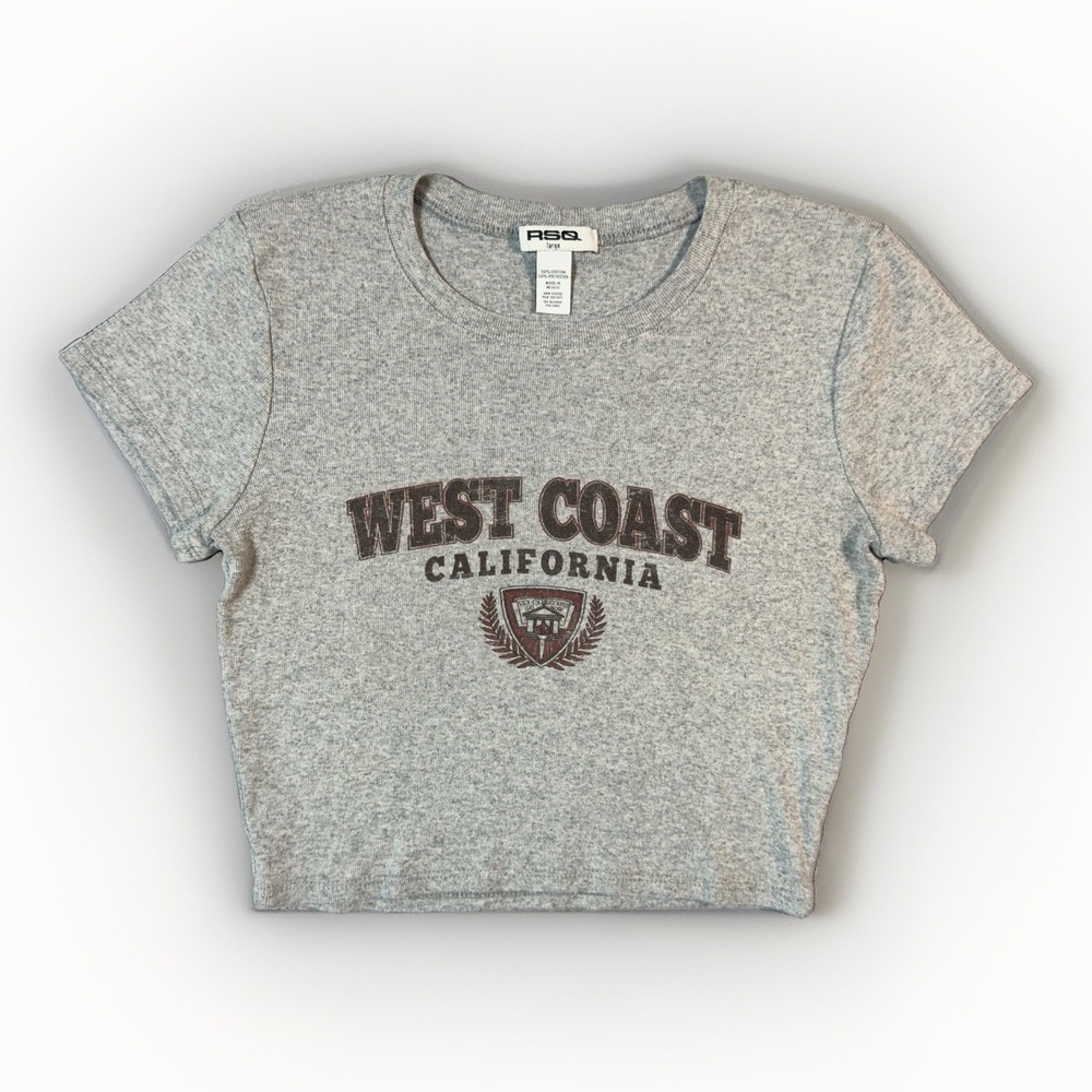 RSQ West Coast California Baby Tee Womens L Gray Graphic Crop Top Short Sleeve